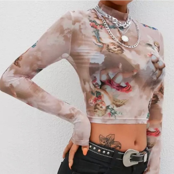 Cherub Sheer Long Sleeve Crop Top in Tan beige - Picture 3 of 7